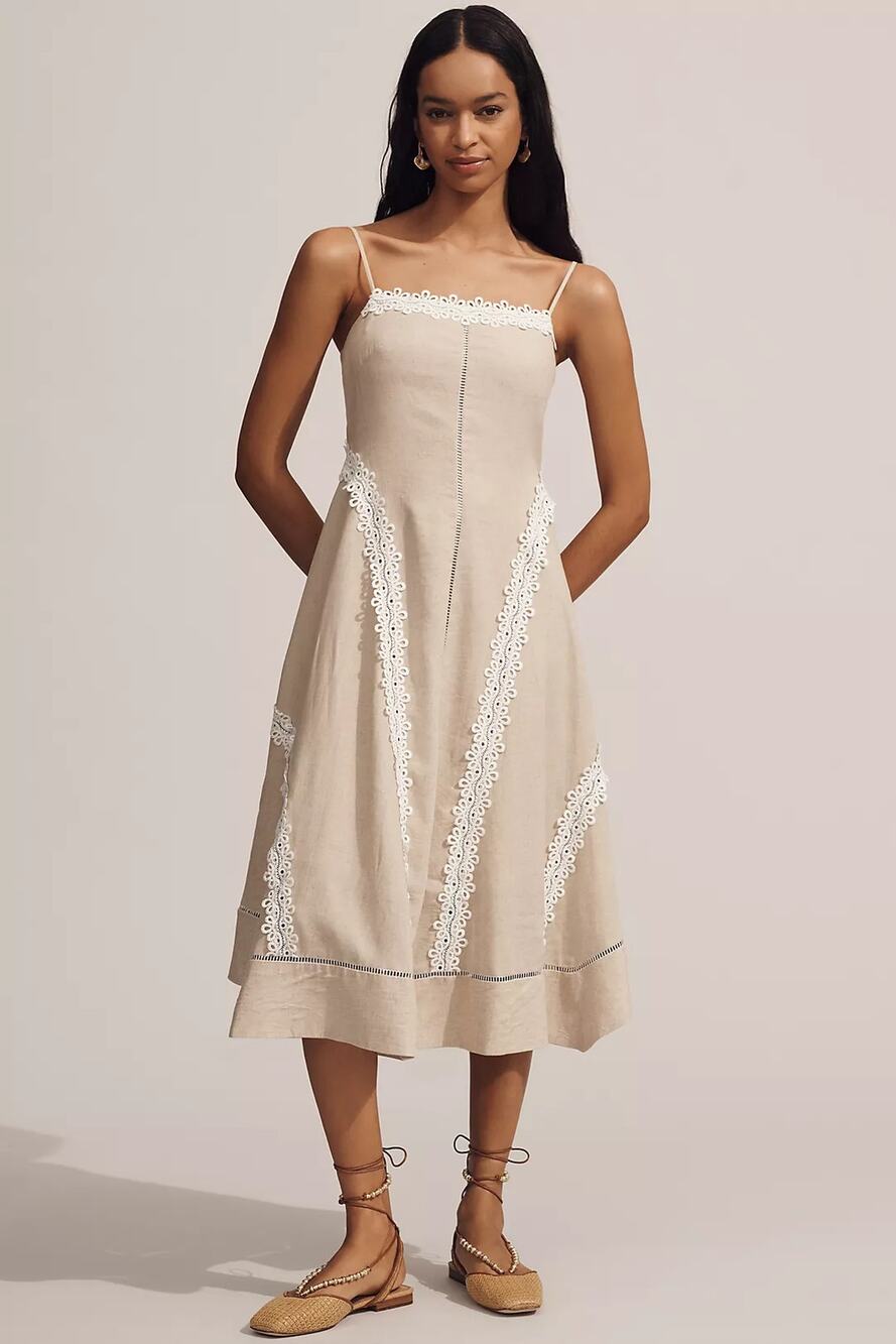 NWT Anthropologie Linen Blend Sleeveless Square-Neck Midi Dress $198 X-LARGE Tan